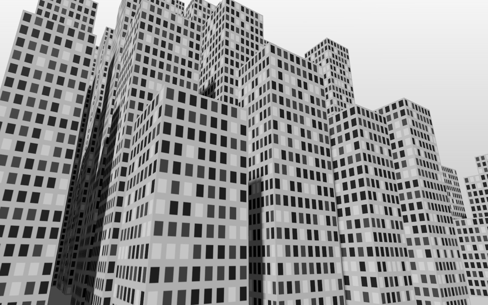 Dithered render of a cluster of towers seen from street level
