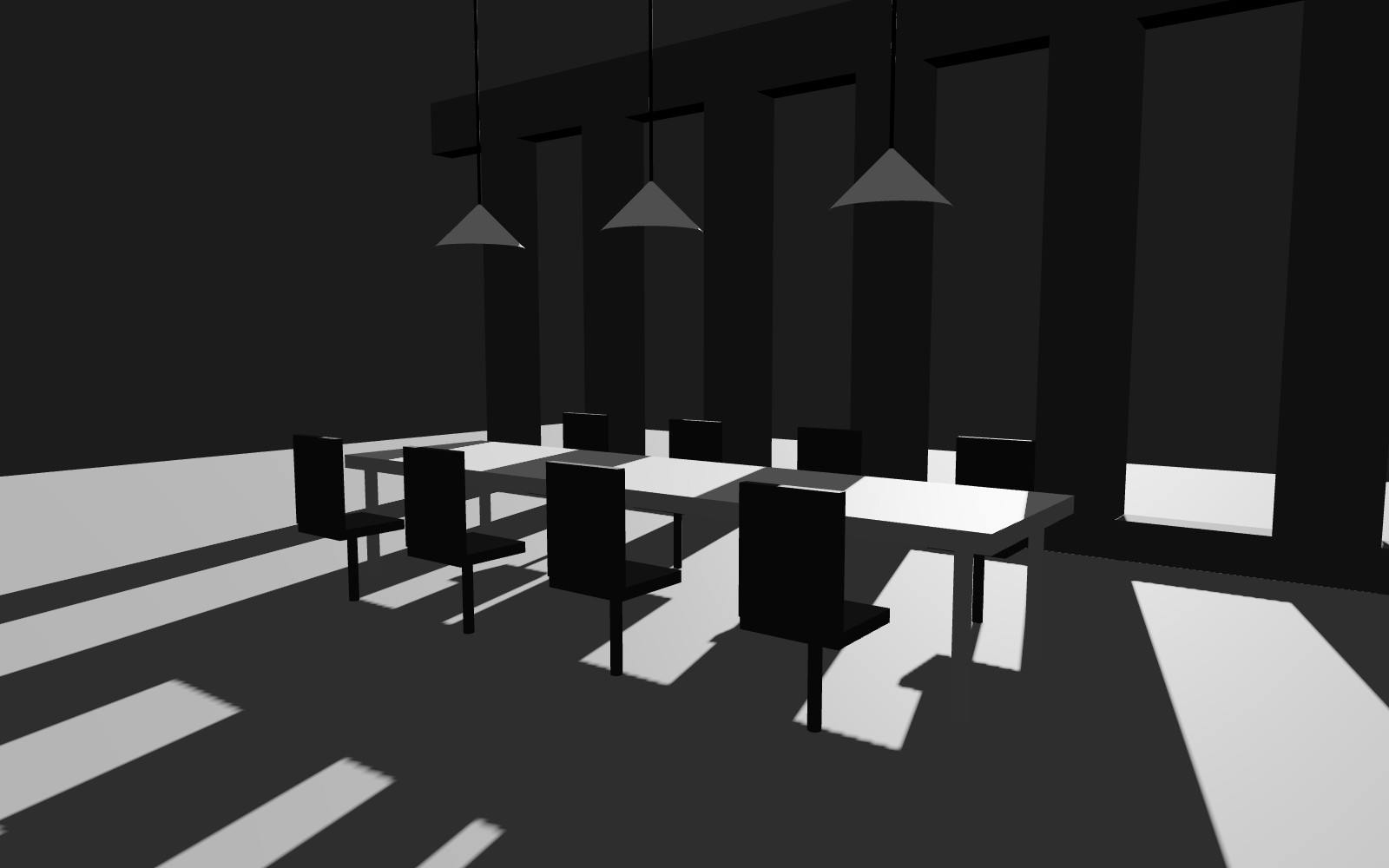 Dithered render of a long studio table lit by tall windows