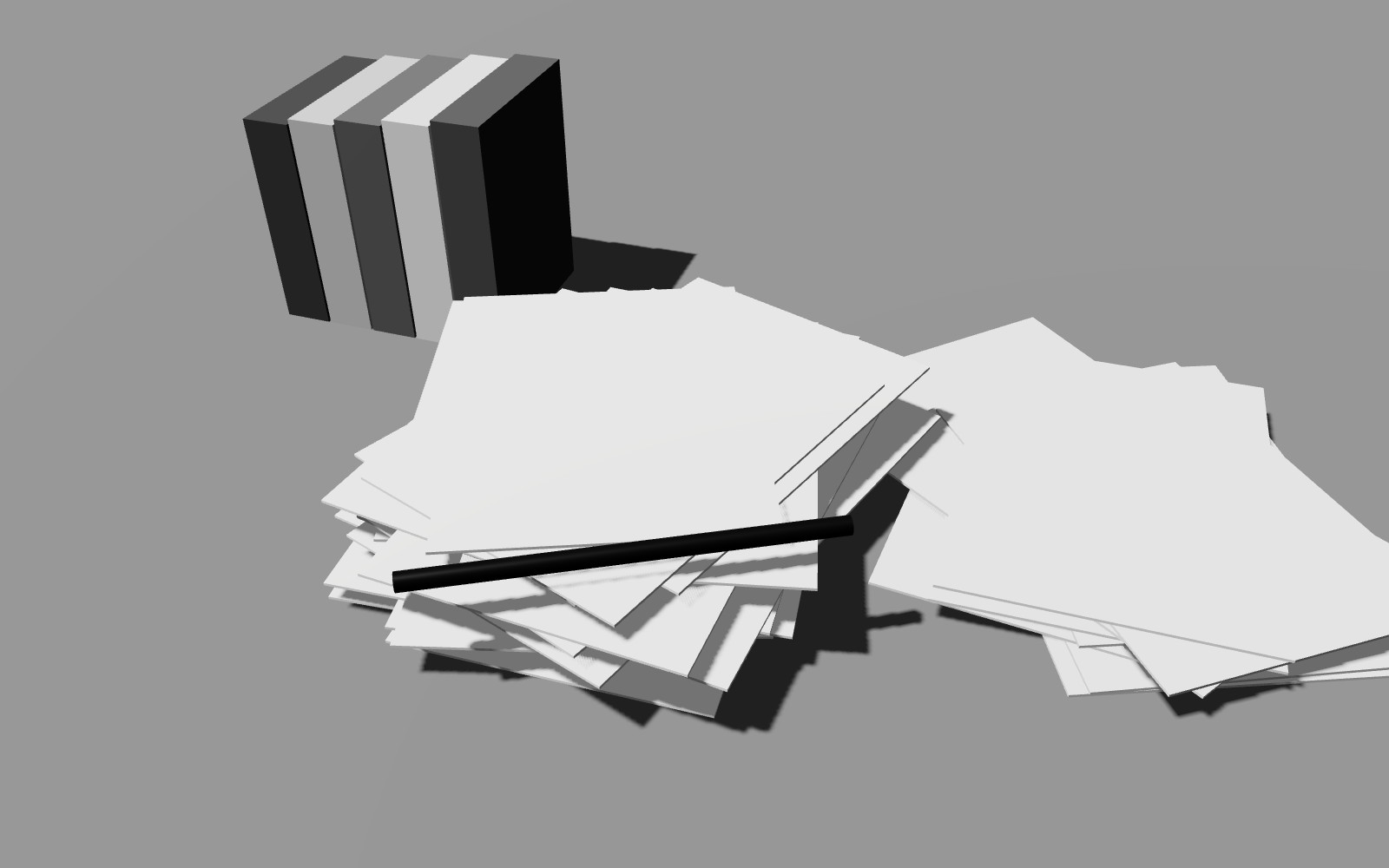 Dithered render of a loose stack of paper proofs with a pen