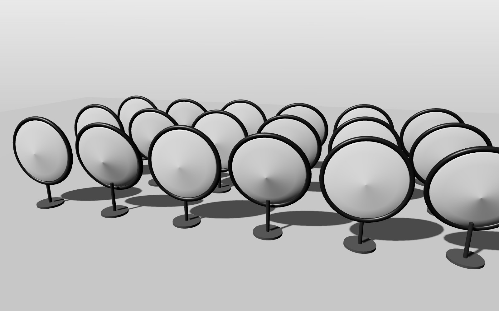 Dithered render of rows of lenses on stands