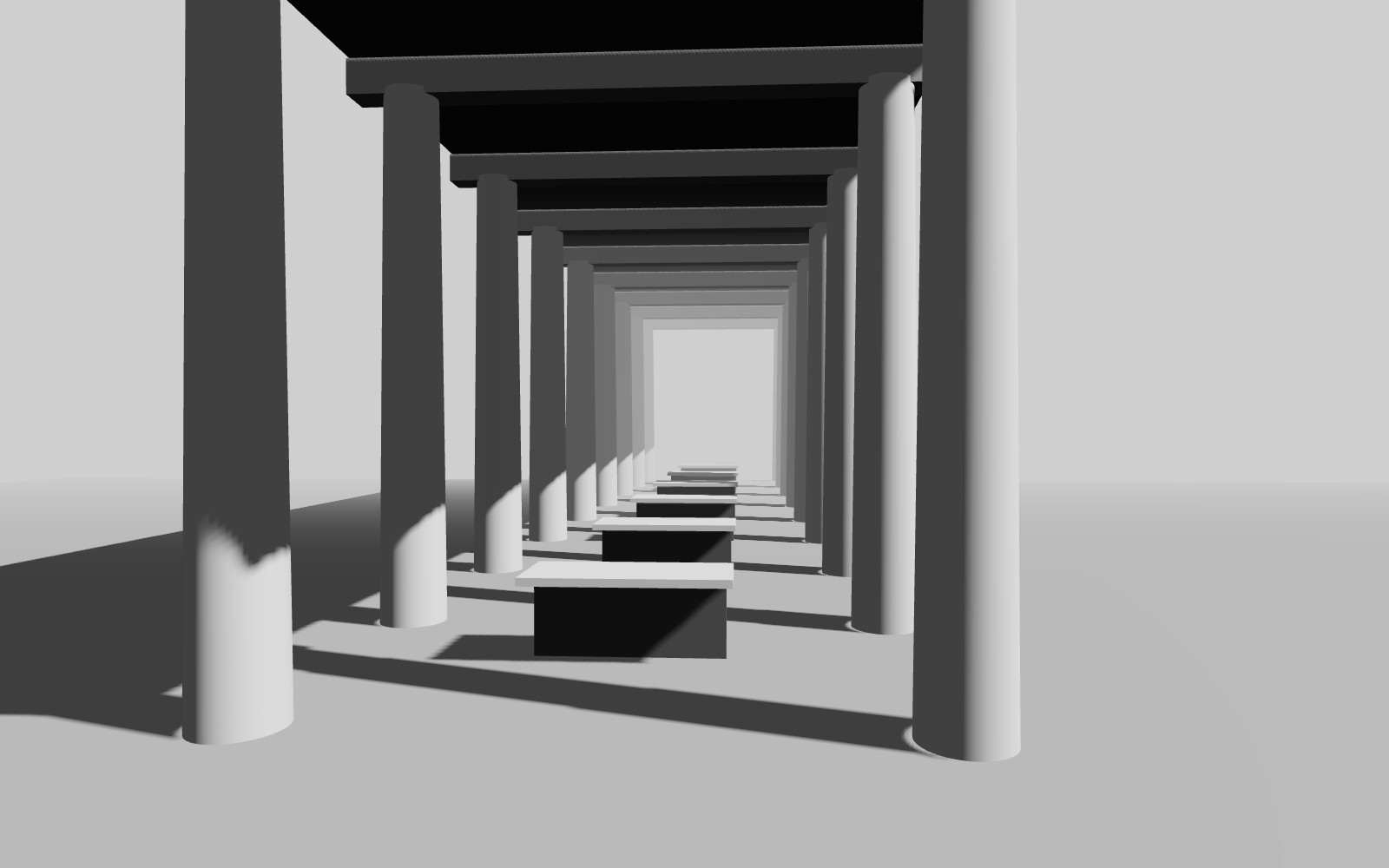 Dithered render of a long colonnaded hall lined with desks